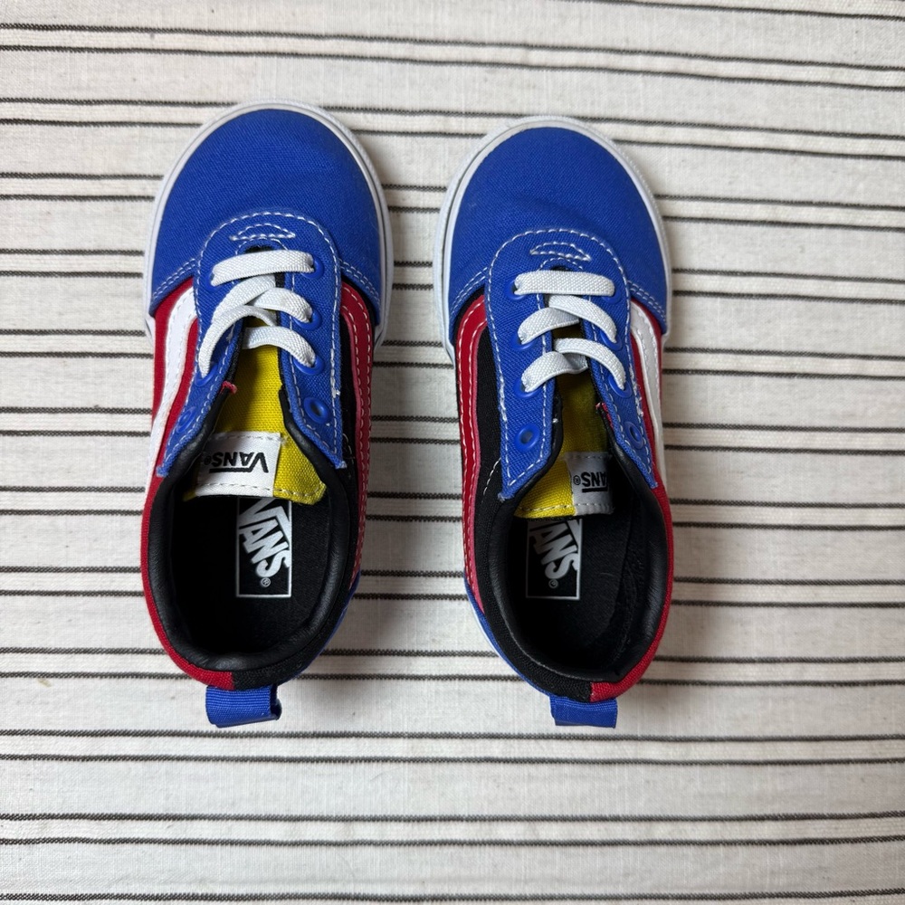 Vans Kids Blue, red, yellow slip on shoes size 8 toddler.